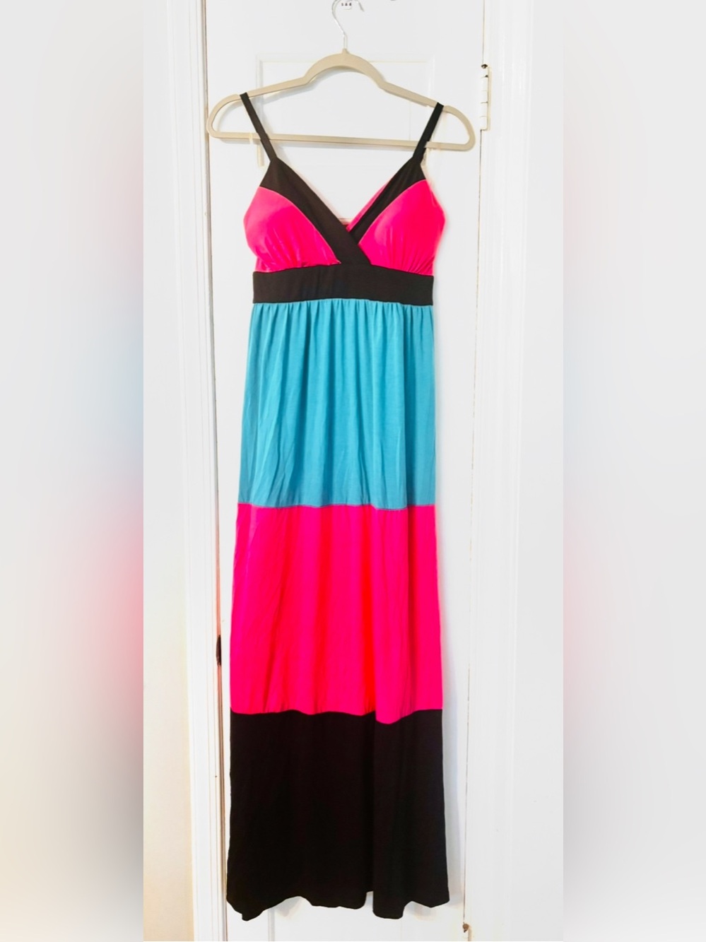 Allison Brittney Colorblock Long Maxi Dress in Hot Pink,Turquoise & Black size M